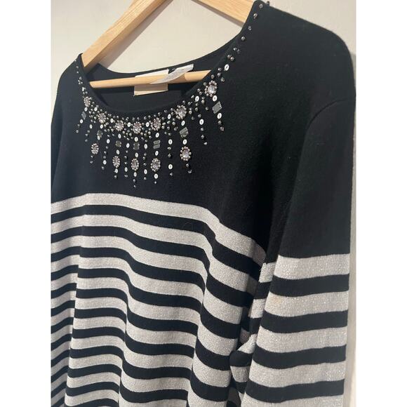 Alfred Dunner Sweater Black Silver Striped Metallic Embellished Neckline 1X JL - Picture 4 of 11
